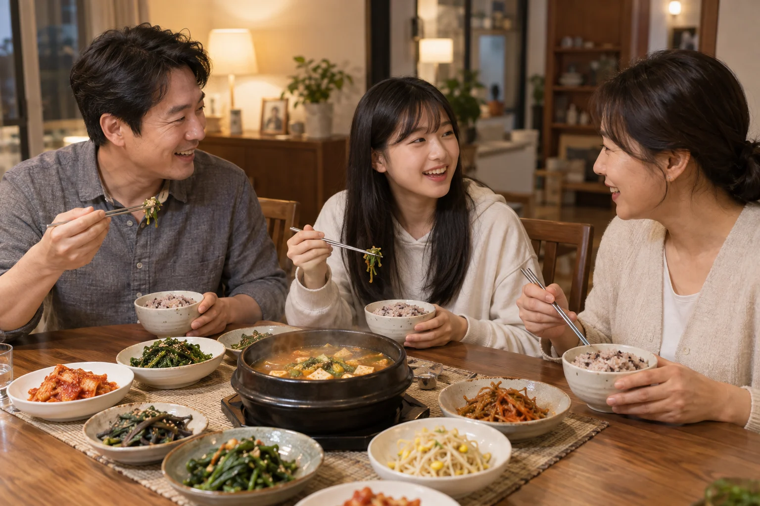 잡곡밥과 된장찌개, 나물 반찬으로 저녁을 먹는 한국인 가족
